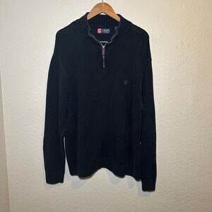 Chaps Mens 2XL Quarter Zip Sweater Embroidered Logo Black 100% Cotton Preppy